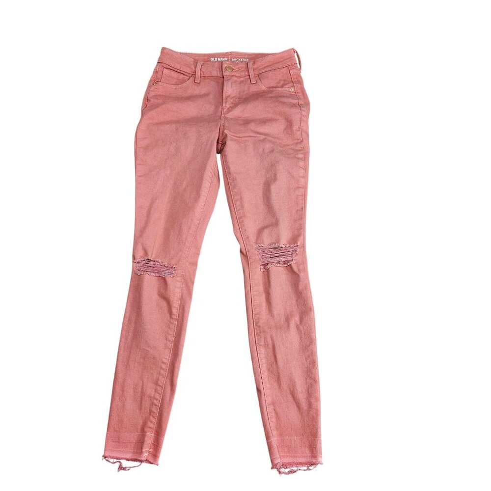 Old Navy Rockstar Mid Rise‎ Skinny Jeans Womens 0 Pink Distressed Stretch Denim